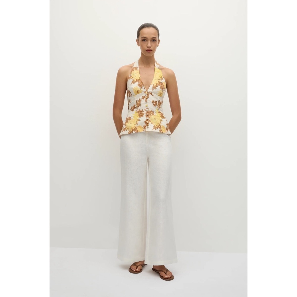 NWT Faithfull the Brand Marie Top in Midsummer Floral Mustard Brown Linen Halter - Picture 2 of 11